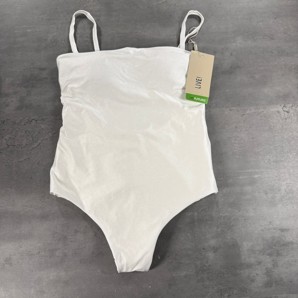 Live! Bodysuit Womens L Allure Adaptiv White Ribbed Shimmer Shiny Cutout NEW